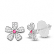 Brass TQ metal earrings / earpins zirconia flower Silver