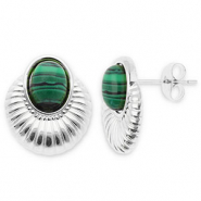 Stainless steel earrings / earpins oval Silver-Dark Green-Black