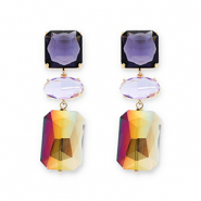 Crystal glass earrings / earpins square-oval-rectangle Dark Purple-Lavender-Smoky Sand Beige AB Coating