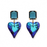 Crystal glass earrings / earpins rectangle-heart Petrol Blue-Multicolor Blue AB Coating
