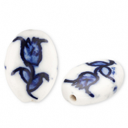 Beads ceramic oval with tulip Off White-Delft Blue
