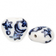 Beads ceramic heart with moon and stars Off White-Delft Blue