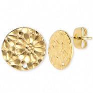 Stainless steel findings earrings / earpin round with flower with loop Gold