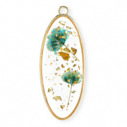 Charms with dried flowers oblong oval Gold-Eden Green