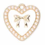 Metal charms heart with pearls and bow Gold-White