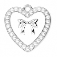 Metal charms heart with pearls and bow Silver-White